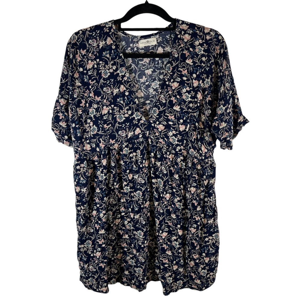 Natural Life Navy Floral V-Neck Babydoll Tunic Top‎ Mini Dress Pockets Womens M